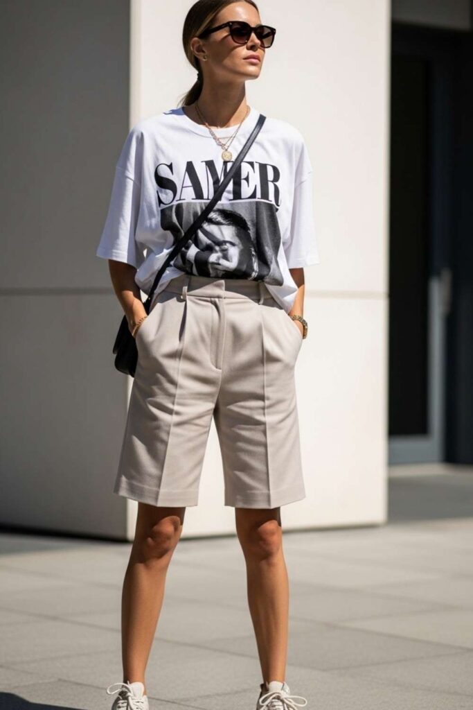 Oversized Graphic Tee with High-Waist Tailored Shorts