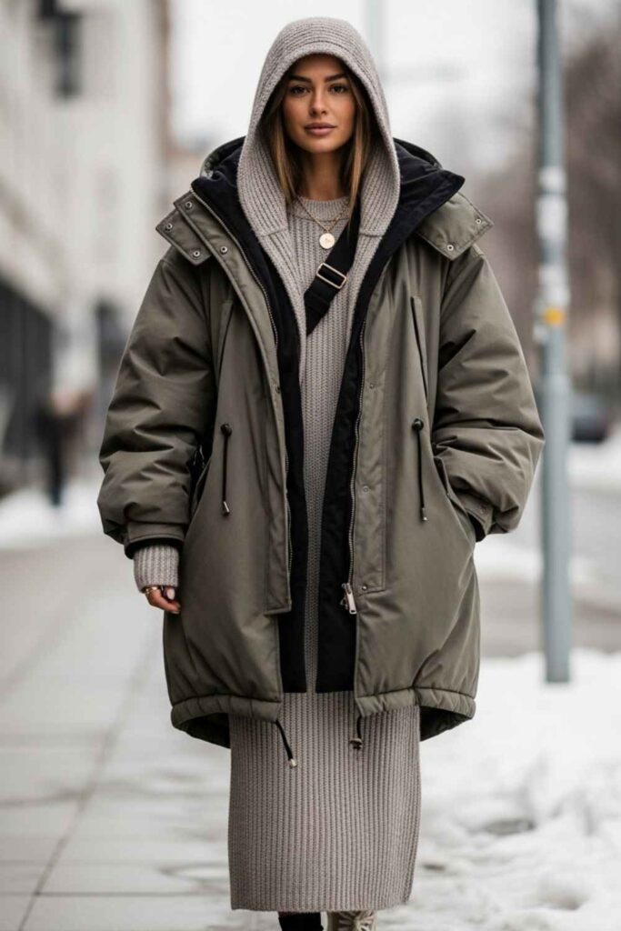Oversized Hooded Parka With a Knit Midi Dress Underneath
