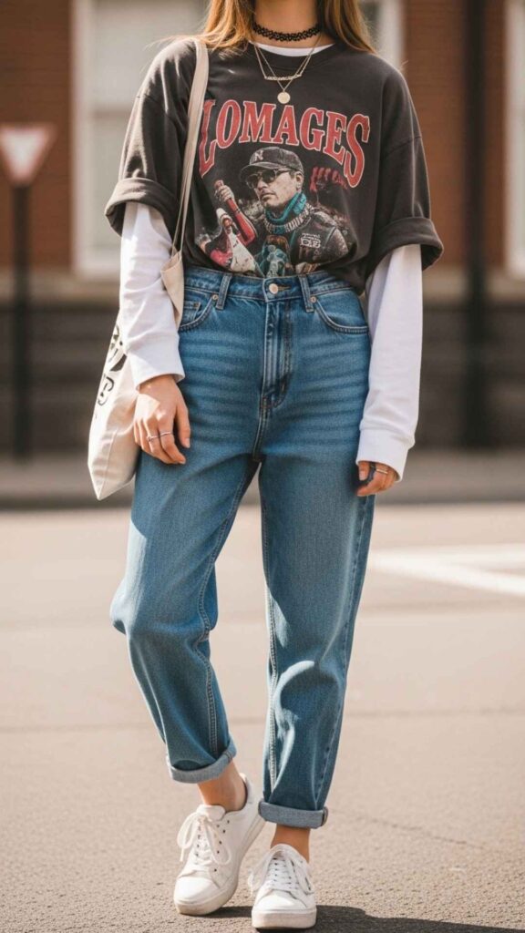 Oversized Vintage Tee Tucked into High-Waist Baggy Jeans