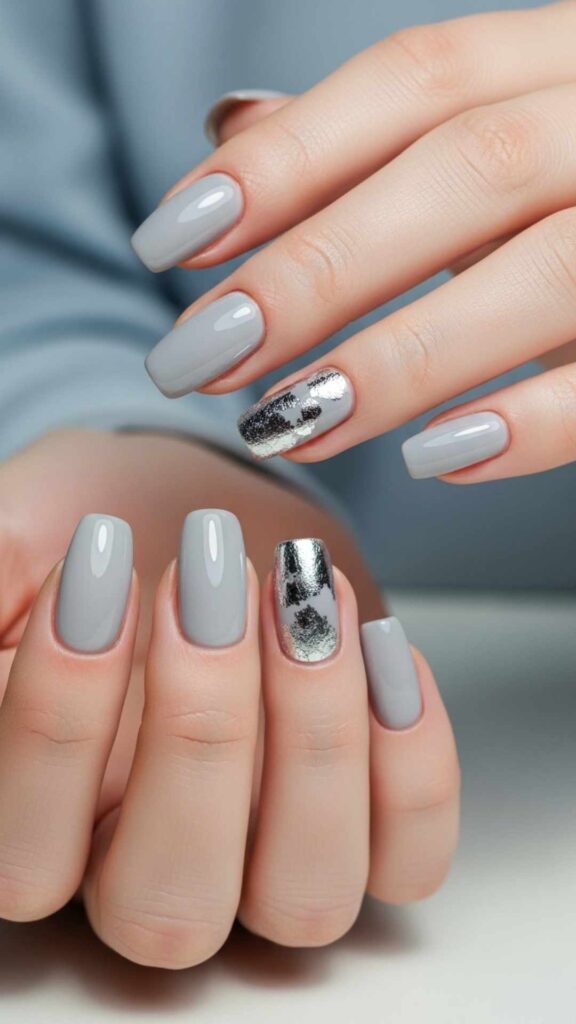 Pale Gray Nails with Subtle Silver Foil at the Cuticle