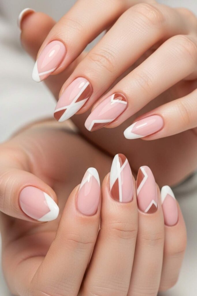 Pale Pink Base with Geometric Tip Pattern in White and Nude