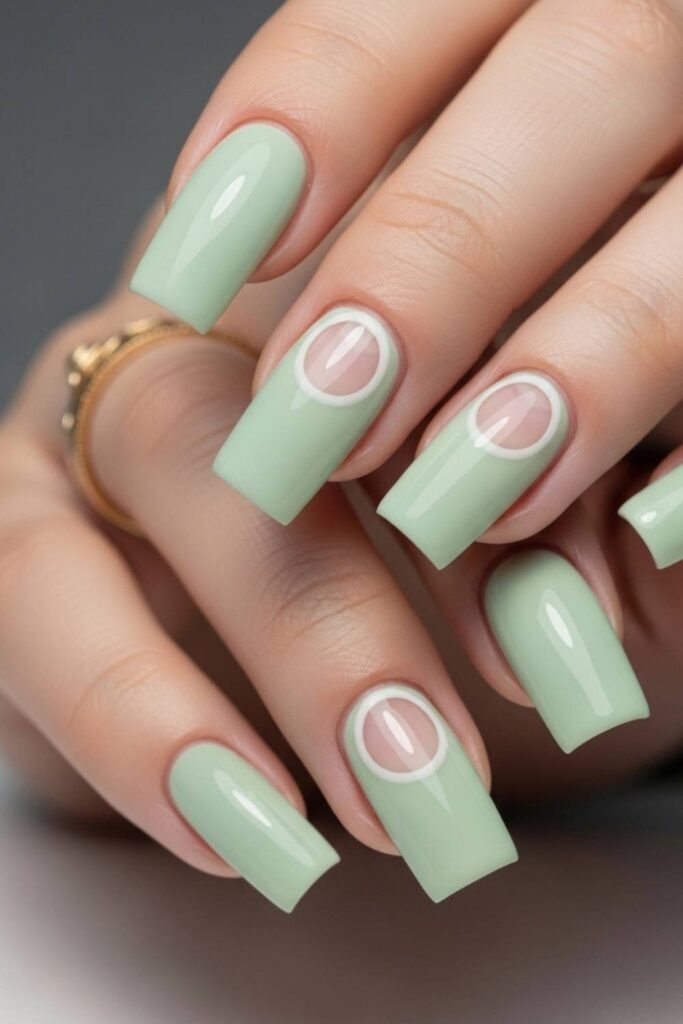 Pale Sage Green with Minimalist Moon Shape at Cuticle