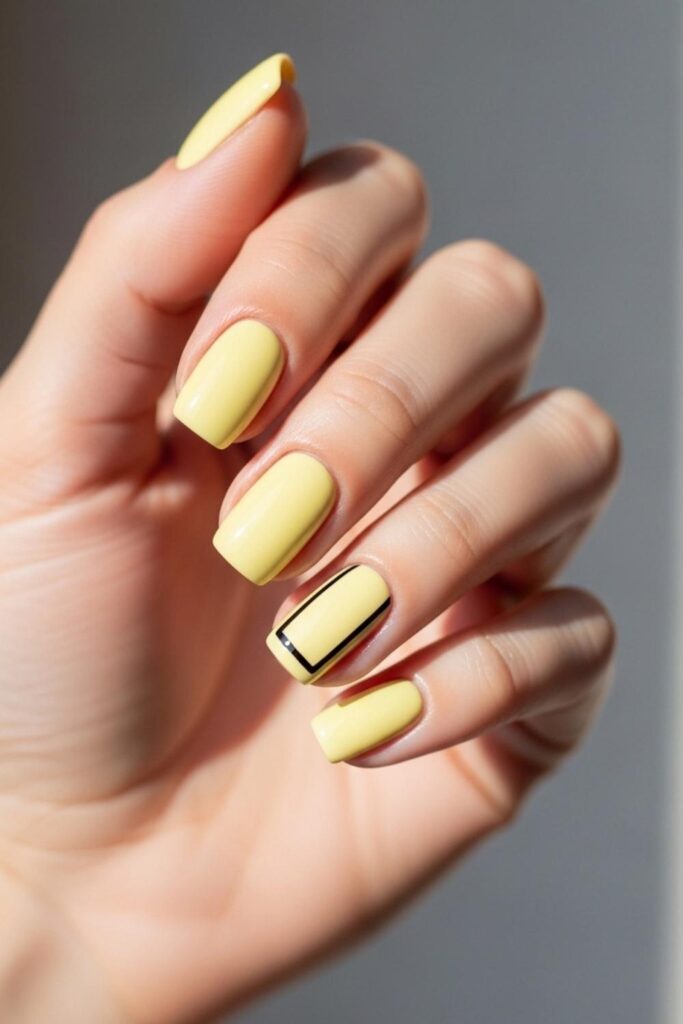 Pastel Yellow with Thin Black Outline on One Nail