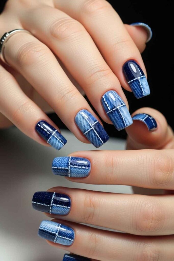 30 Nails That Bring 90s Art Back And Make It Look Better Than Ever 17 Patchwork Denim Nail Art in Blues