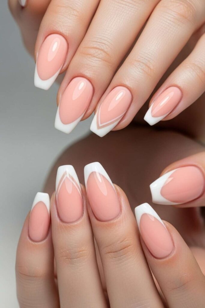 Peachy Pink Base with White V-Tip and Thin Nude Shadow Line