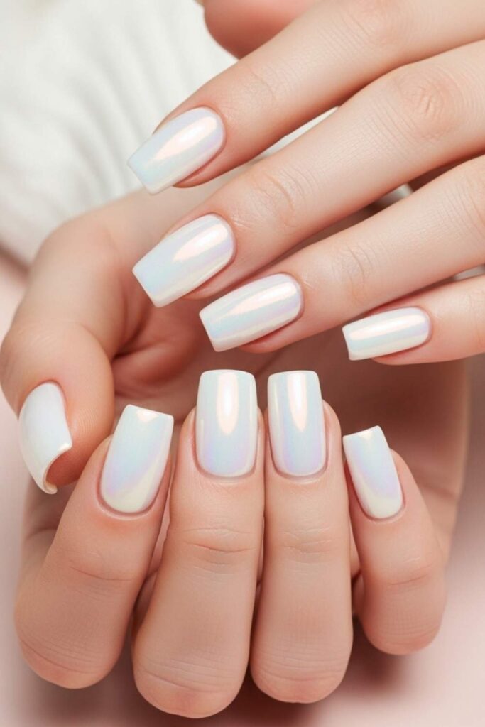Pearl White Square Nails with Iridescent Shimmer