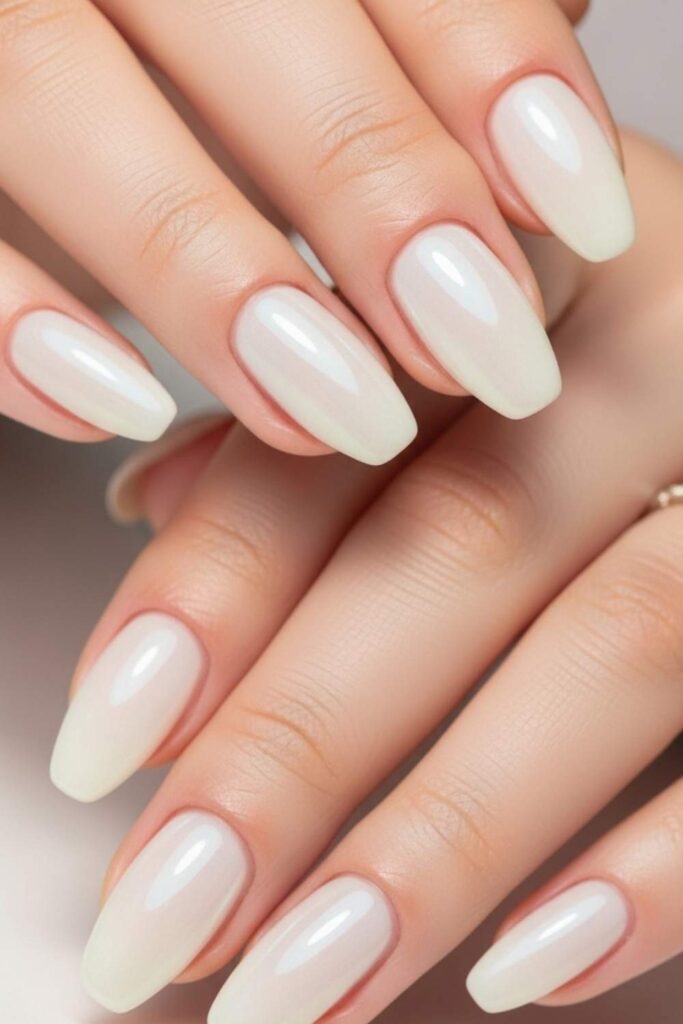 15 Natural Gel Nails Ideas That Look Expensive Without Trying Too Hard 14 Pearlescent White with a Soft Iridescent Shift