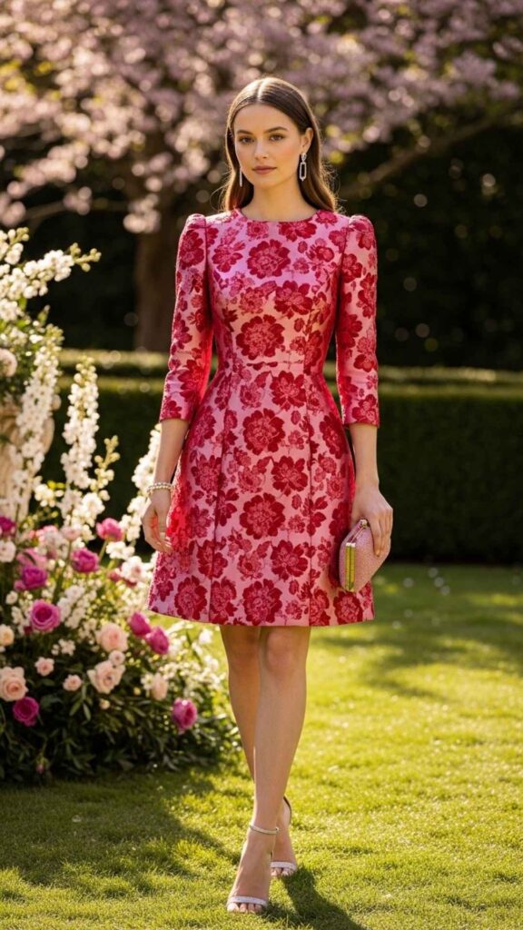 Pink and Red Floral Jacquard Mini Dress