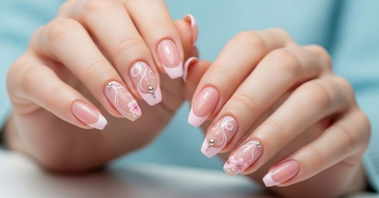 Pink French Tip Nails with Design