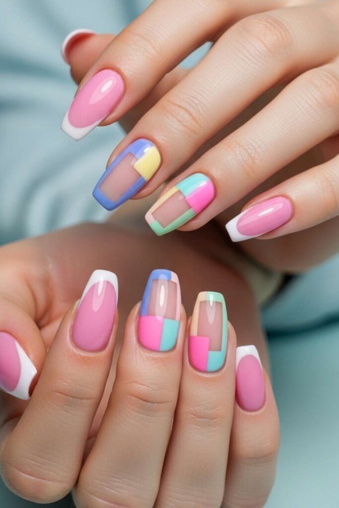 Pink French Tips with Colored Negative Space Cutouts