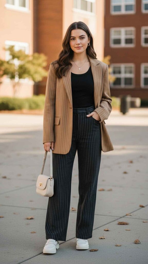 Pinstripe Wide-Leg Pants with a Black Fitted Tank and Blazer