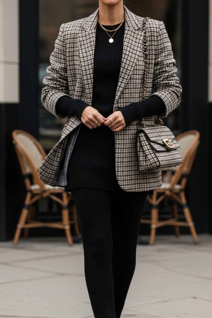 Plaid Wool Blazer Over a Black Ribbed Set