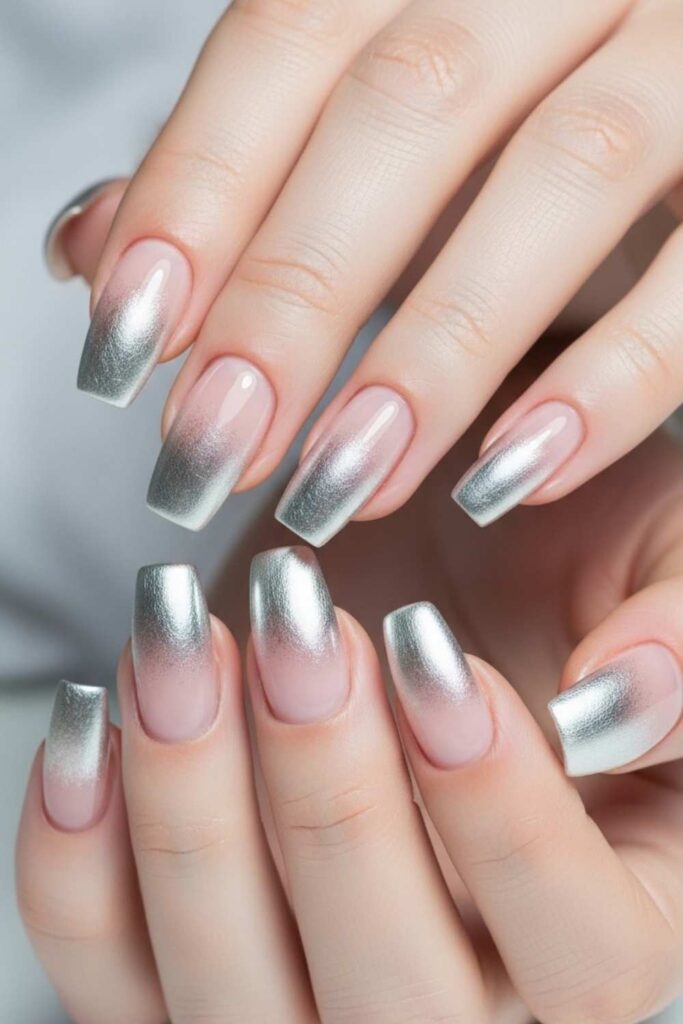 Platinum Foil Ombre on Soft Coffin Nails