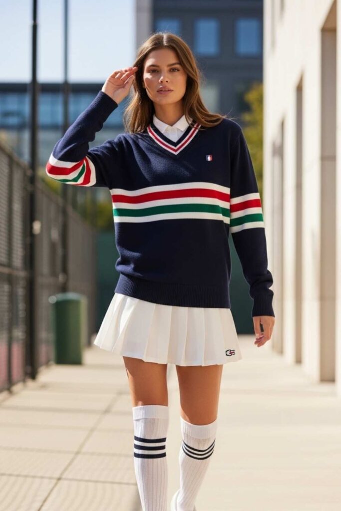 Preppy Varsity Stripe Crewneck with Tennis Skirt and Knee-High Socks