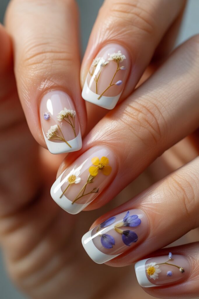 12 White French Tip Nails with Design Ideas That Look Effortlessly Expensive in 2026 9 Pressed Dried Flower French Tips