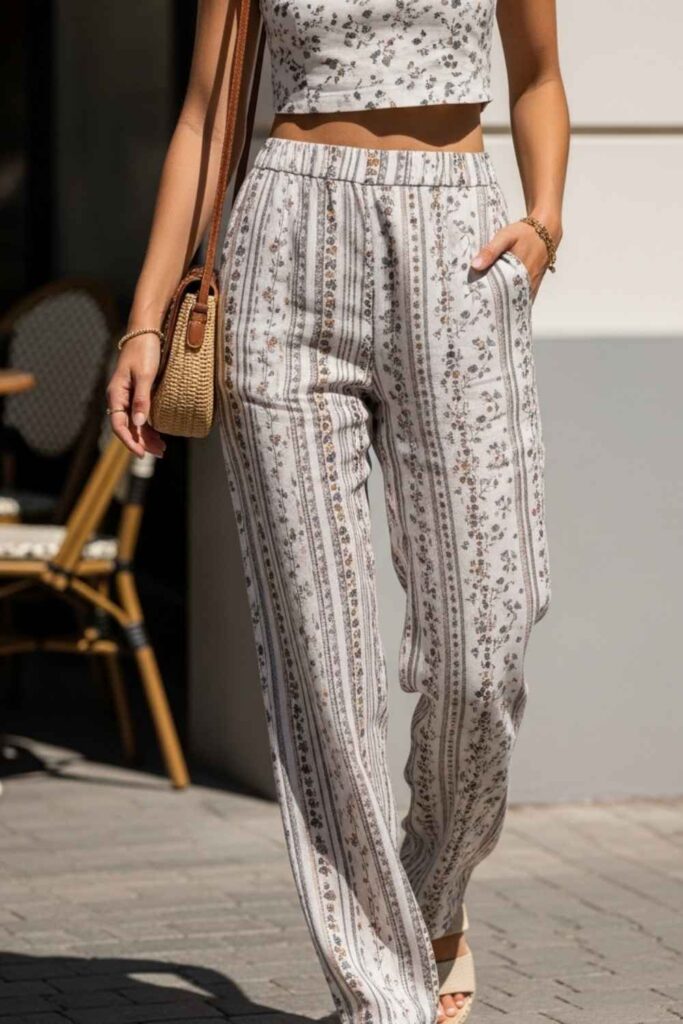 Printed Linen Trousers with a Tucked Crop Top