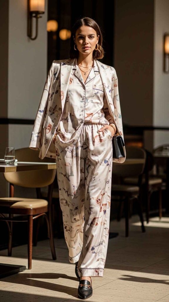 Printed Satin Pajama Set With a Blazer