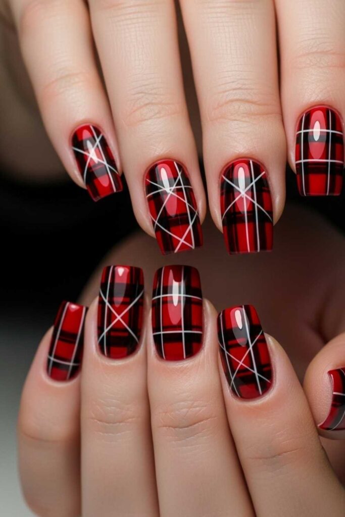 Red and Black Plaid Nail Art