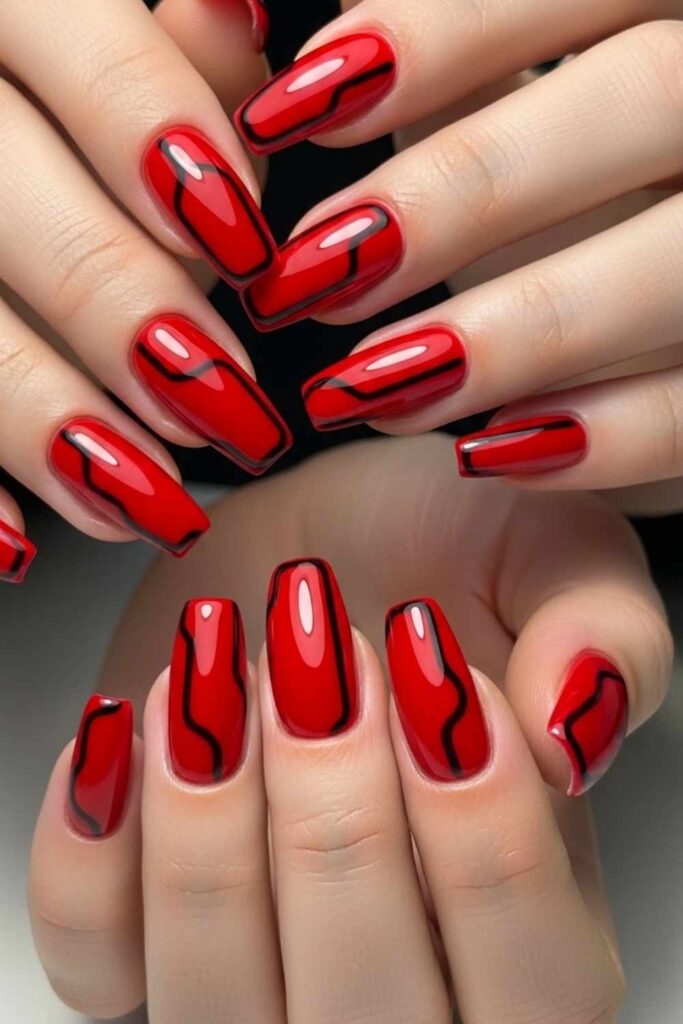 Red Coffin Nails with Black Outline Art