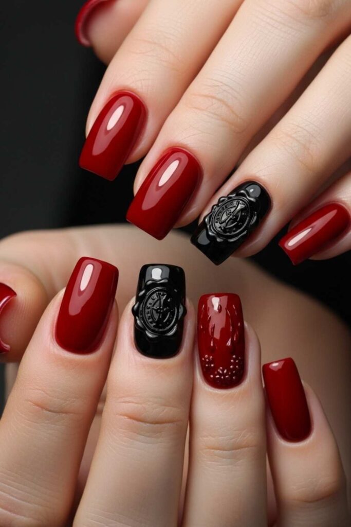 Red Nails with Black Wax Seal Stamp Accent