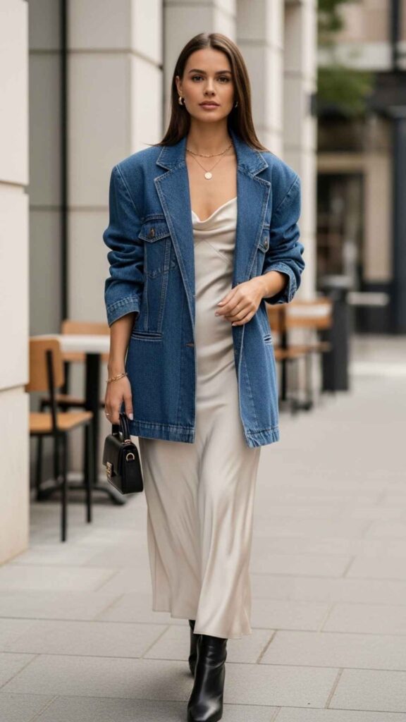 Relaxed Denim Blazer Over a Slip Dress