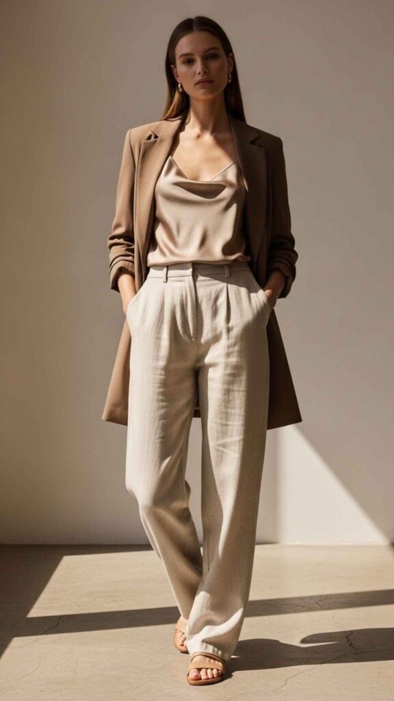 Relaxed Linen Pants with a Silk-Look Cami and Longline Blazer