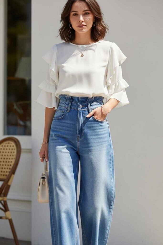 Romantic Ruffle-Sleeve Blouse in Soft Ivory with High-Waist Wide Jeans
