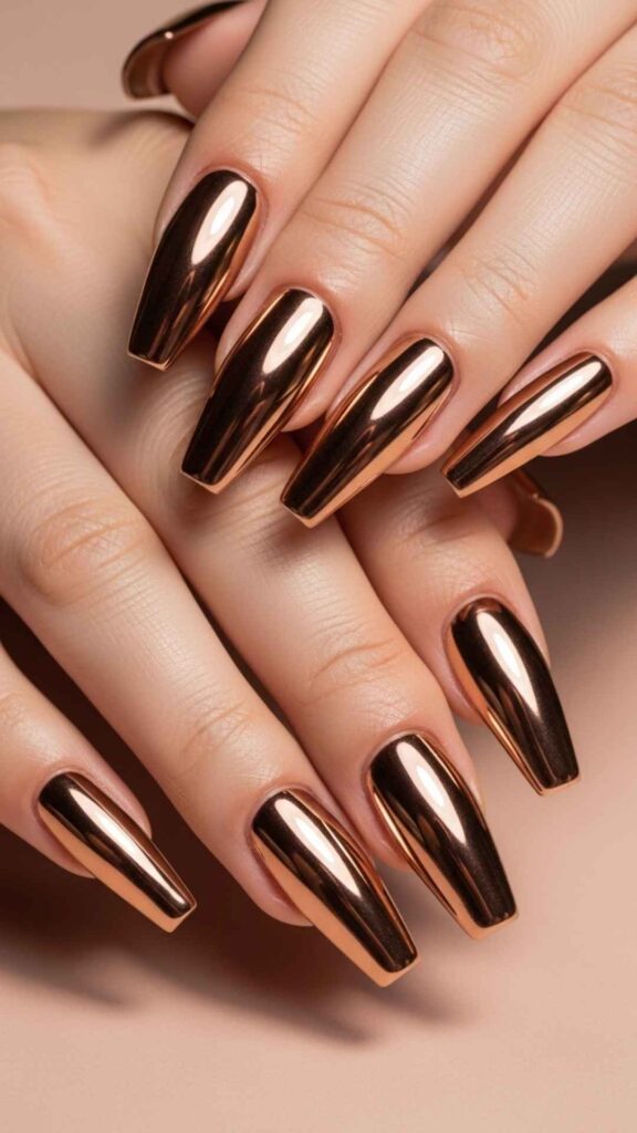 Rose Gold Chrome on Coffin Nails