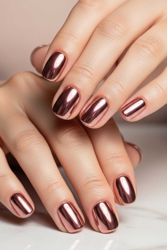 Rose Gold Chrome on Short Round Nails