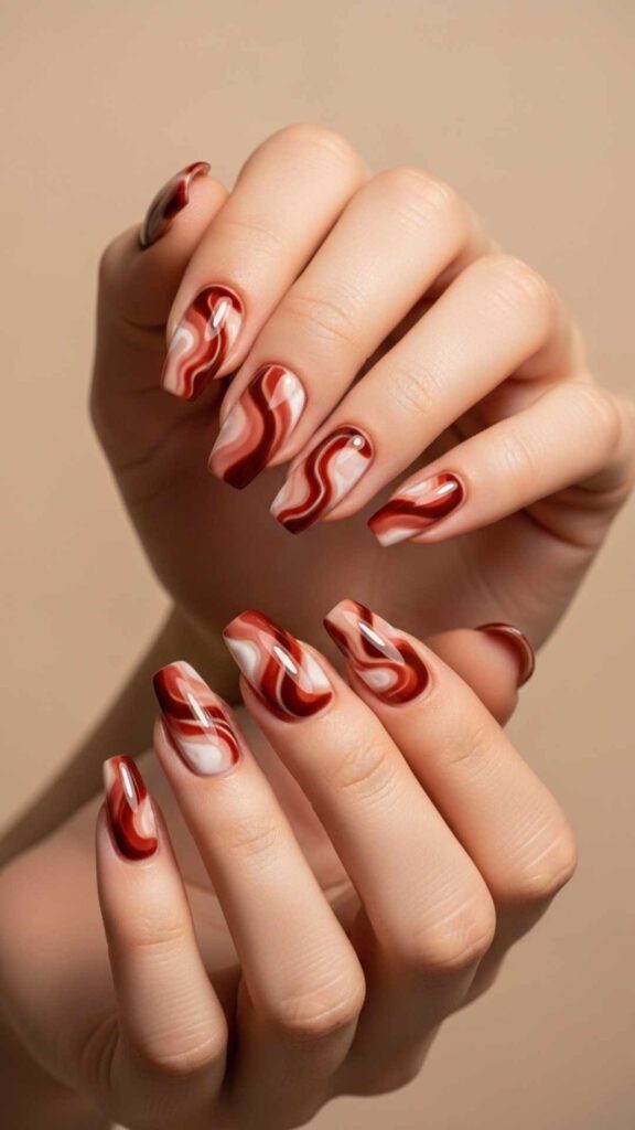 Rust and Cream Swirl Nails Marble-Inspired