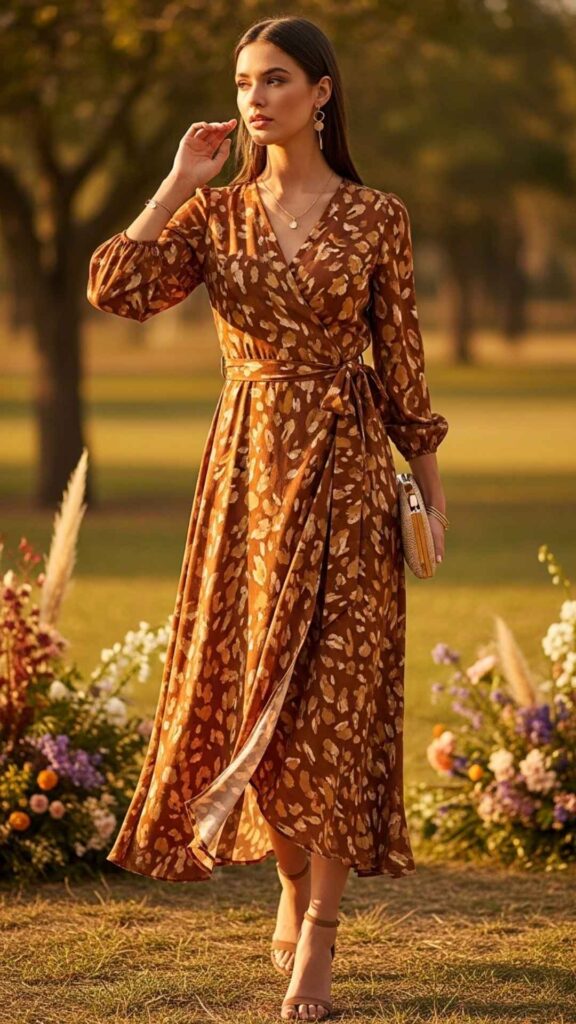 Rust and Gold Abstract-Print Wrap Dress