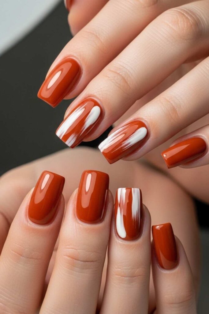Rust Orange Square Nails with White Abstract Marks