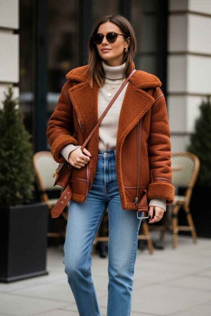 Rust-Toned Shearling Jacket With Straight-Cut Jeans and White Sneakers