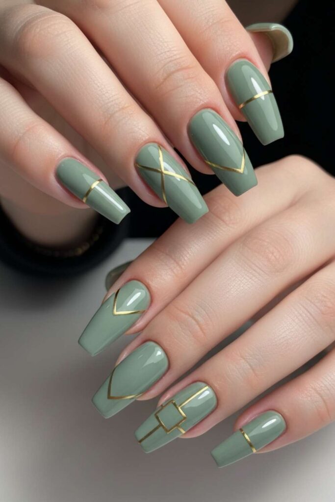 41 Long Acrylic Nail Designs for Baddies That Hit Different in 2026 17 Sage Green Acrylics with Gold Geometric Accents