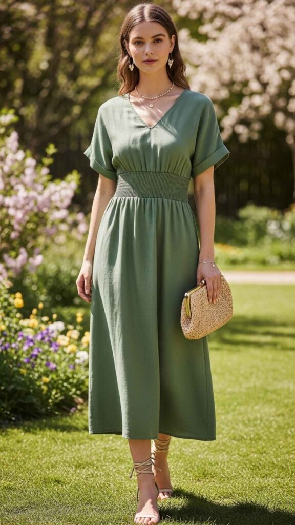 Sage Green Linen Midi with Smocked Waist