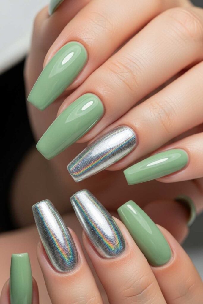 Sage Green with Silver Holographic Accent Nails