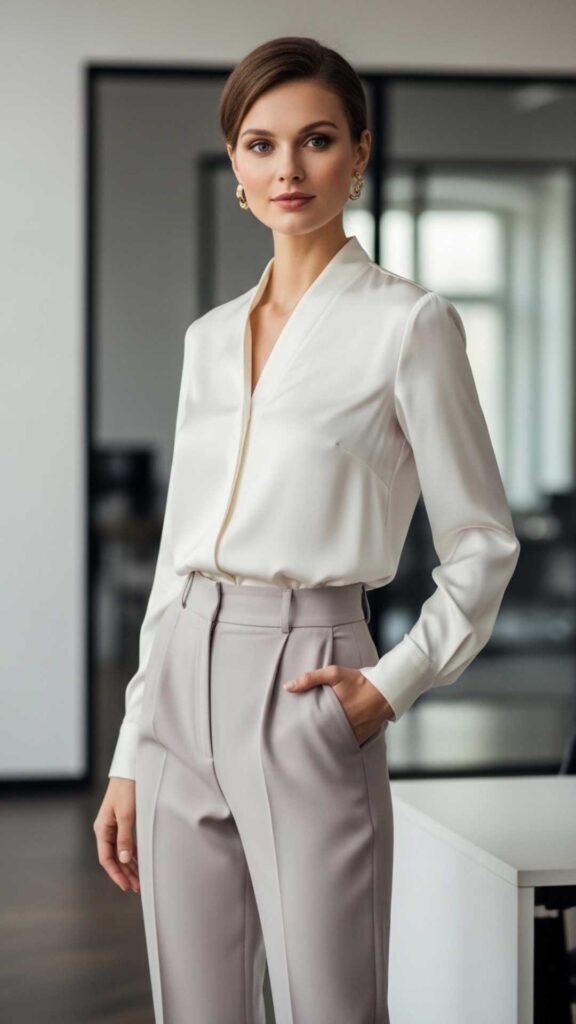 Satin-Look Blouse in Ivory with High-Waist Tailored Trousers