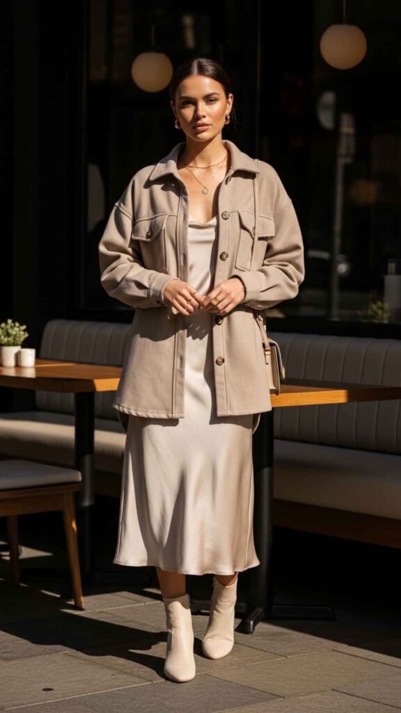 Shacket Over a Midi Slip with Ankle Boots