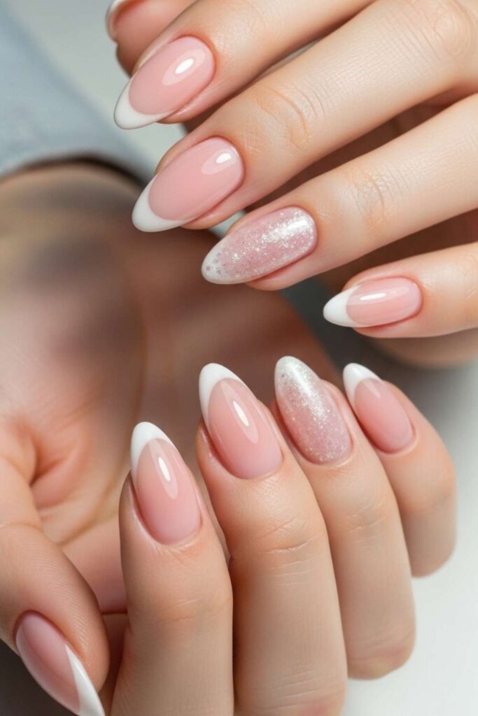 Sheer Blush Pink Base with Milky White Tip and Pearl Dust