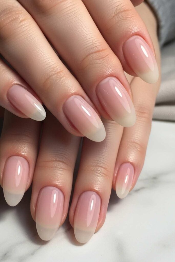 Sheer Blush Pink with a Glossy Finish