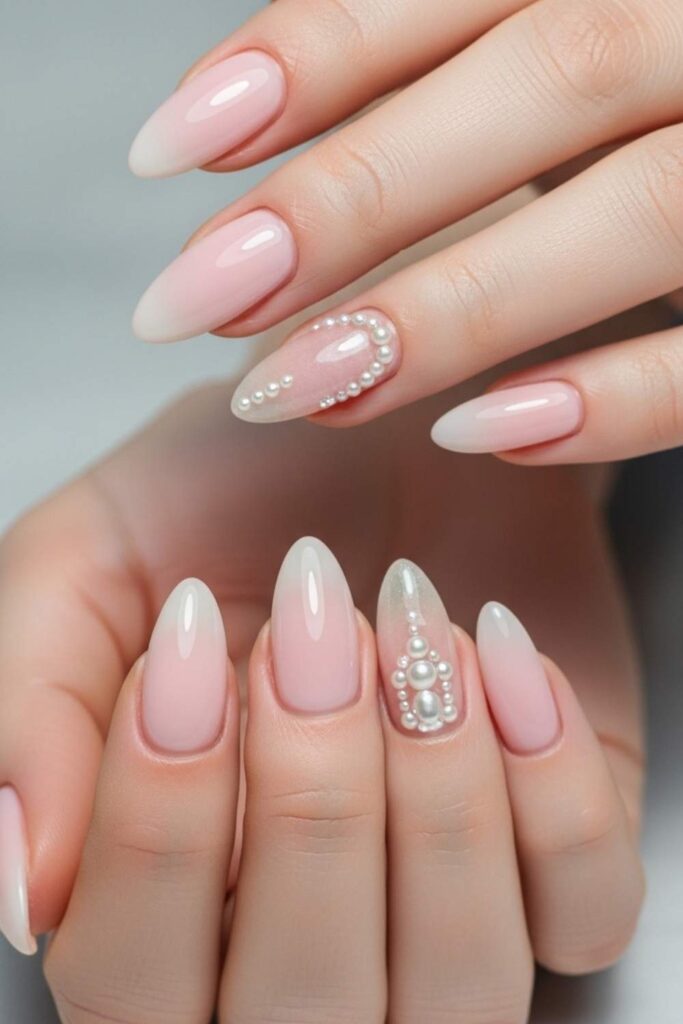 Sheer Blush Pink with a Pearl Accent Nail
