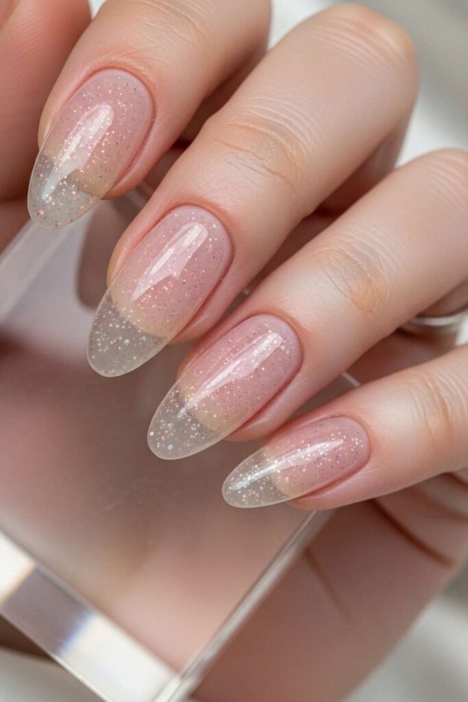 Sheer Pink Jelly Nails with Floating Glitter