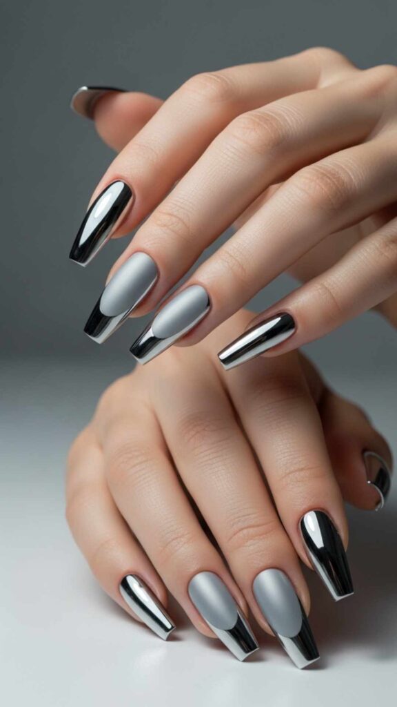 Silver Metallic Coffin Nails with a Matte Center