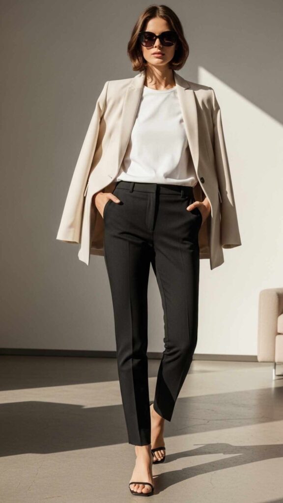 Slim Trousers + Oversized Cream Blazer with a White Tee