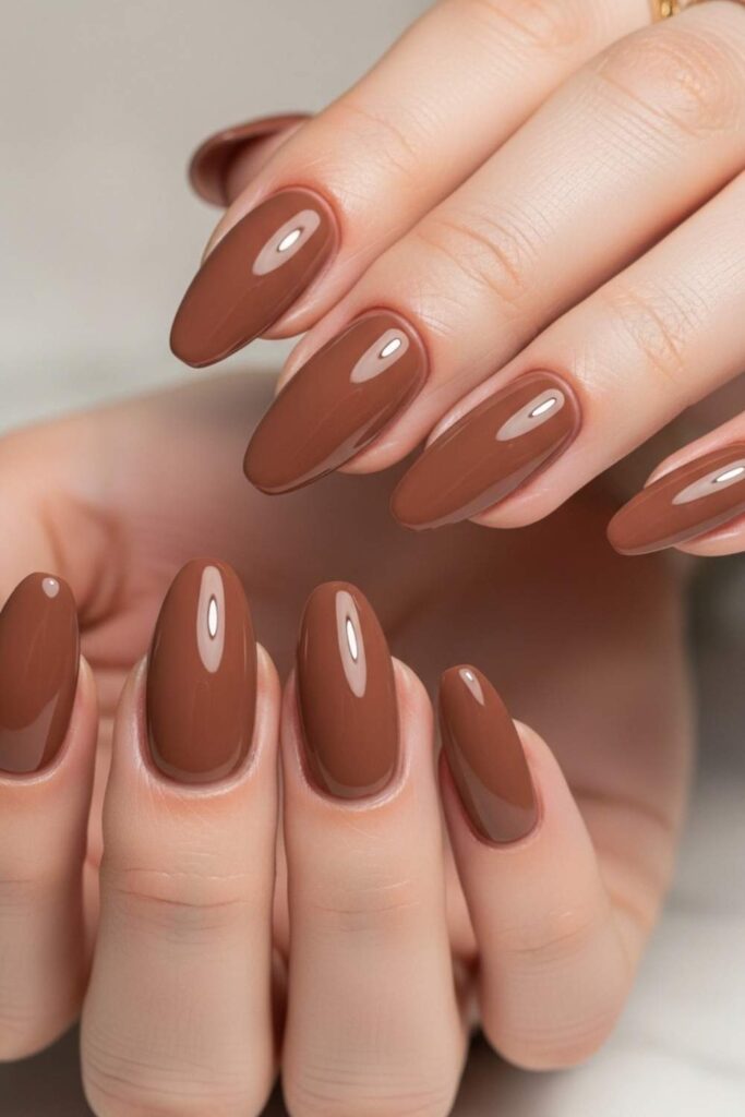 Soft Chocolate Brown Nails with Glossy Top Coat