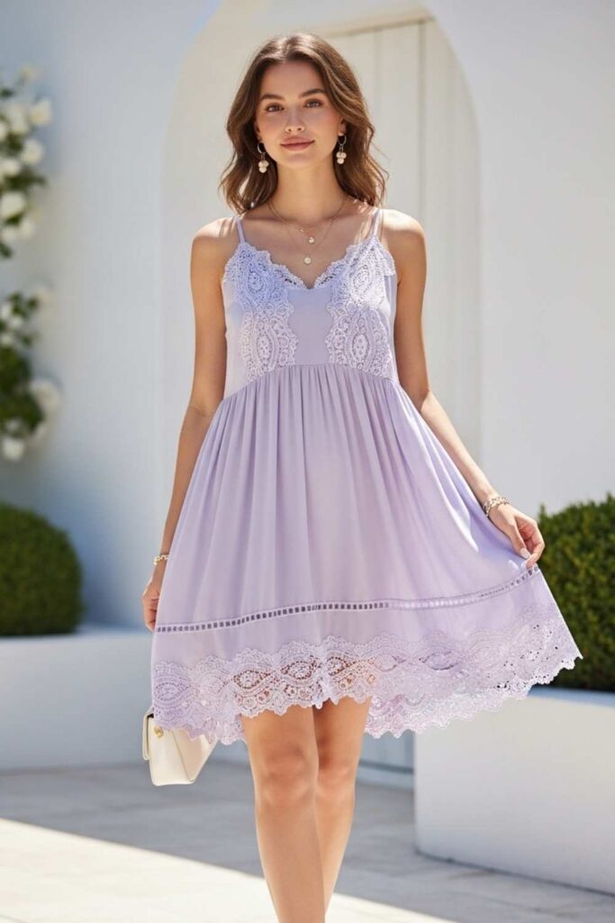Soft Lavender Babydoll Dress with White Lace Trim