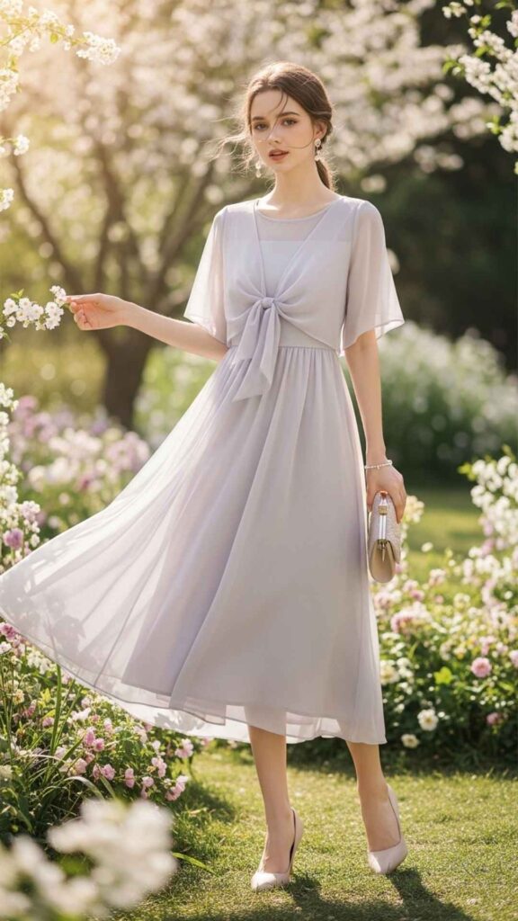 Soft Lavender Midi with Sheer Overlay and Bow Detail