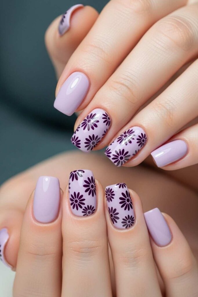 30 Nails That Bring 90s Art Back And Make It Look Better Than Ever 8 Soft Lilac Base with Dark Purple Daisy Stamping