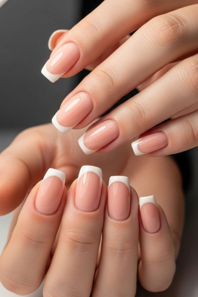 Soft Peach Gel with Thin French Tip in Ivory