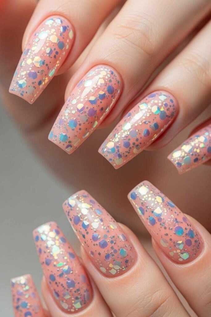 Soft Peach with Chunky Iridescent Glitter Spots